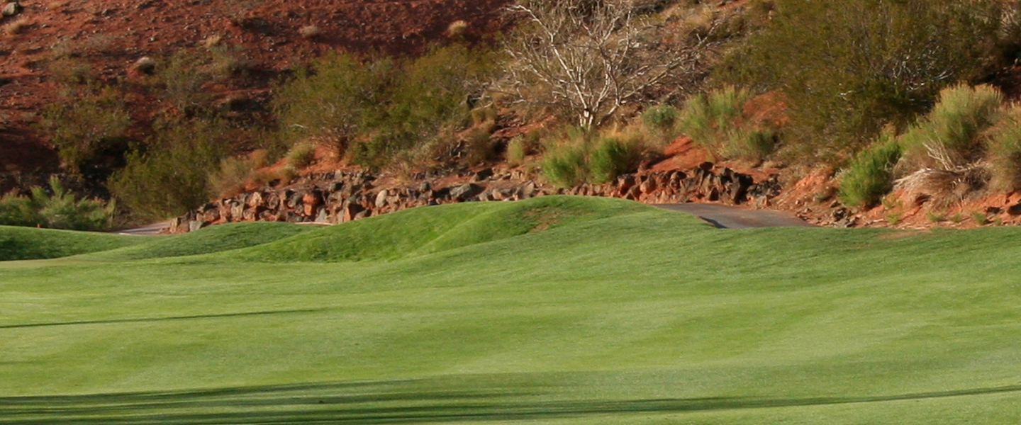 arial shot of golf course with buildings in background